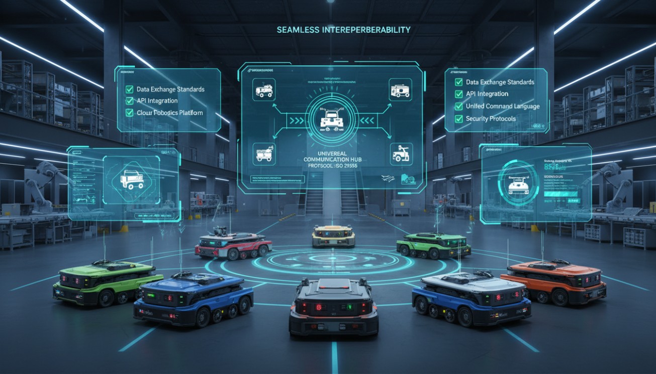 Open interface architecture connecting multiple mobile robot types through shared data and API integration